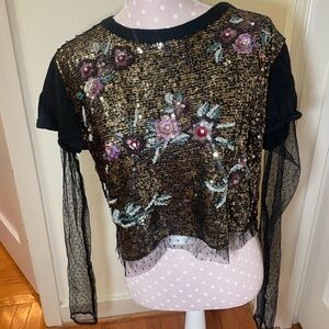 Free People Black Sequin Life Of The Party Mesh Sleeve Top